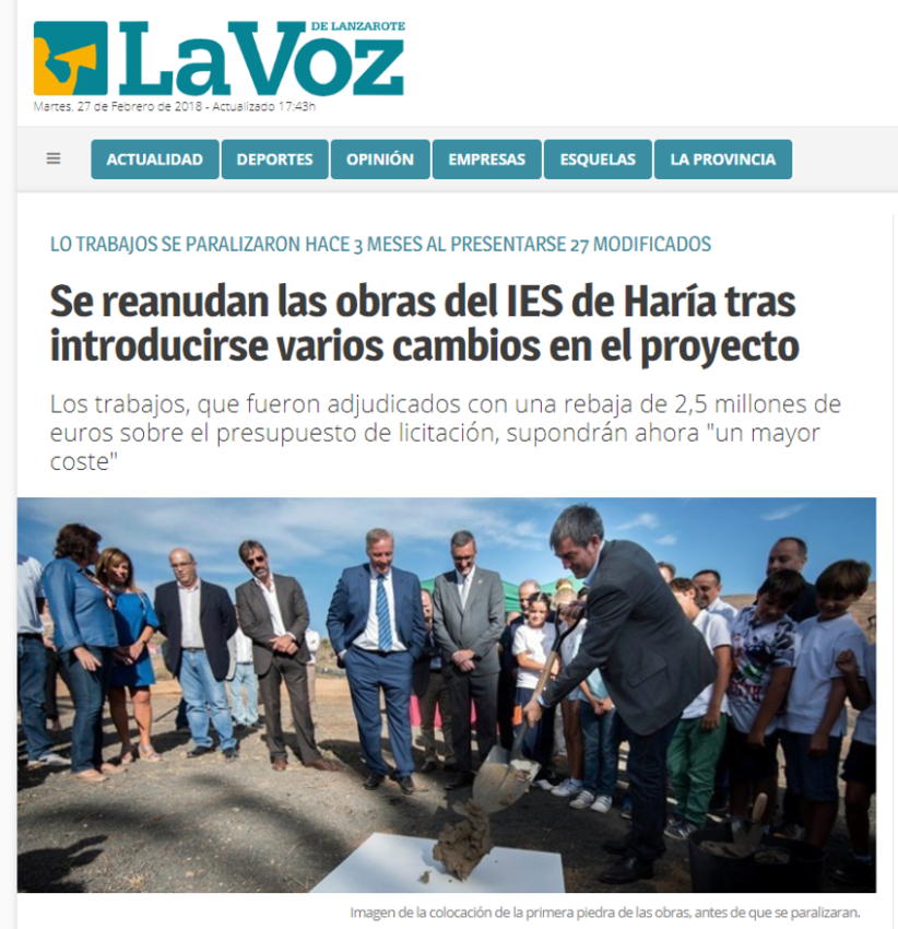 La Voz de Lanzarote Se reanudan las obras del IES de Haria 1 - &diams;Cantos de sirena y falsos espejismos.