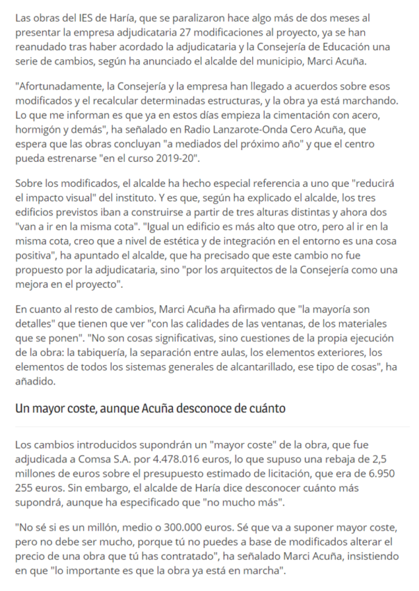 La Voz de Lanzarote Se reanudan las obras del IES de Haria 2 - &diams;Cantos de sirena y falsos espejismos.